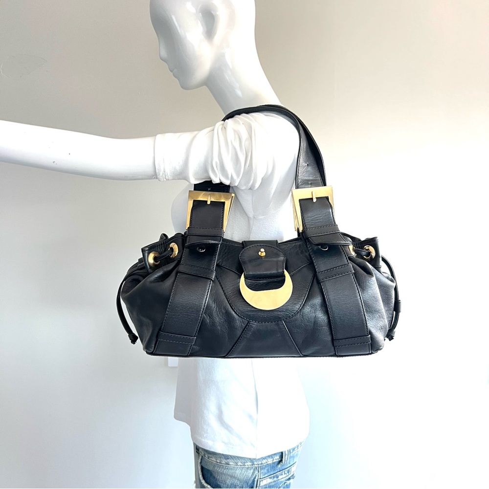 Moch.ny Black Smooth Leather Large Gold Buckles Shoulder Bag Satchel Tote